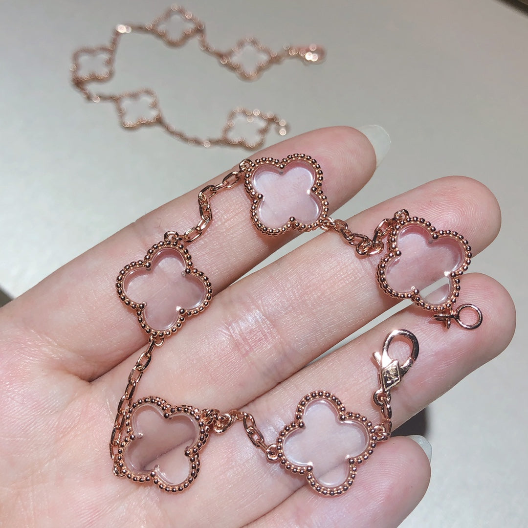 [Olivia JW]CLOVER 5 MOTIF ROCK CRYSTAL PINK GOLD BRACELET