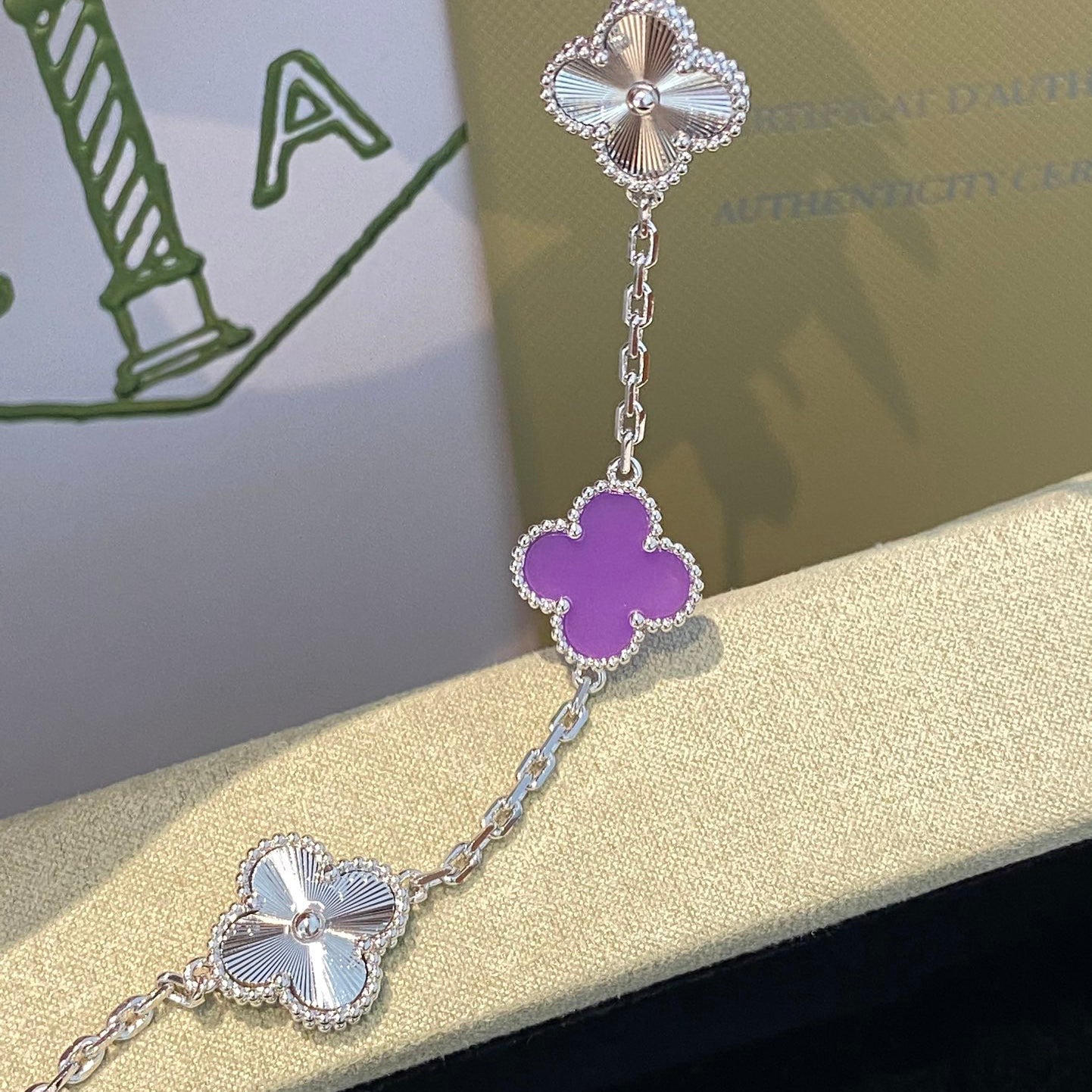 [Olivia JW]CLOVER  5 MOTIFS  PURPLE VIOLET BRACELET SILVER