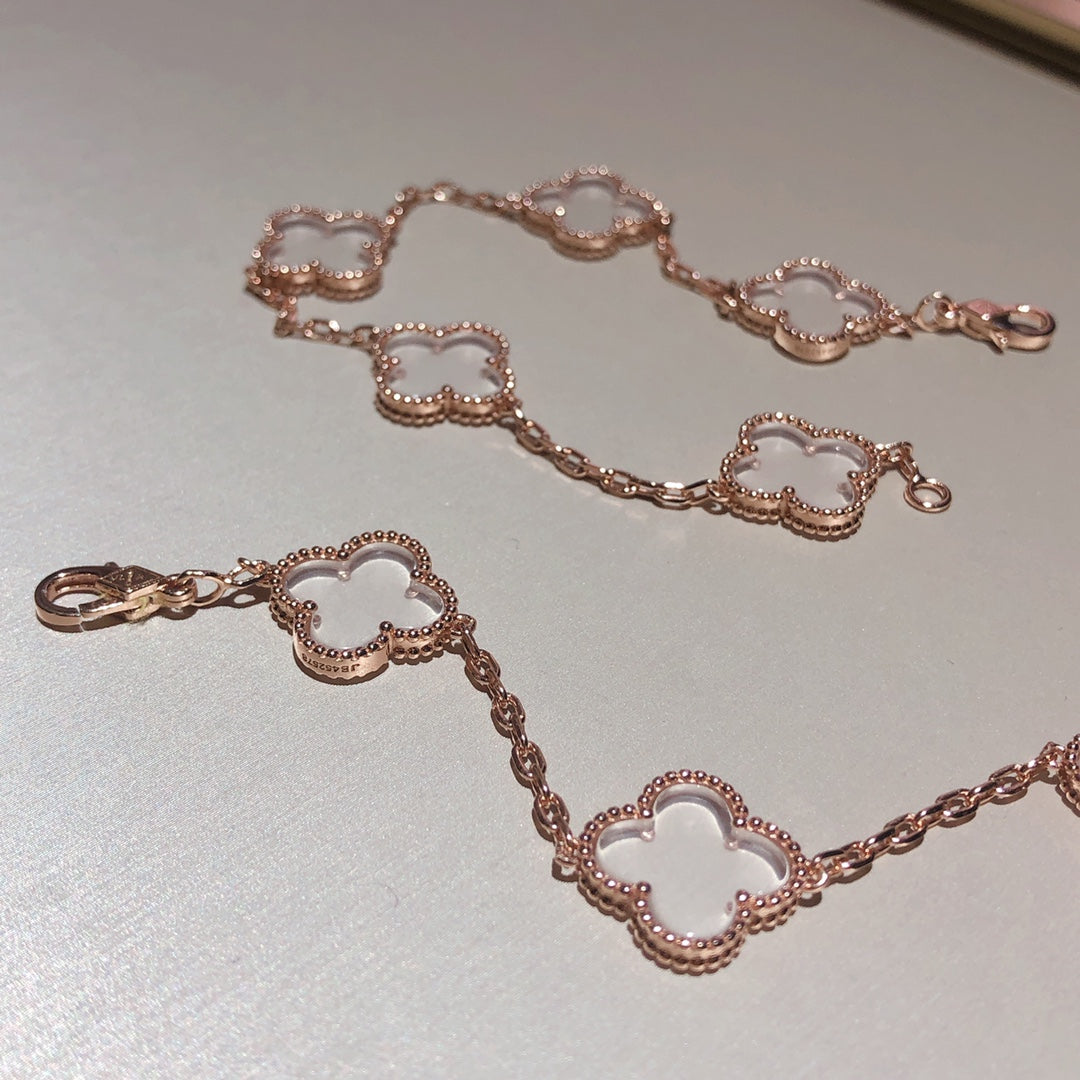 [Olivia JW]CLOVER 5 MOTIF ROCK CRYSTAL PINK GOLD BRACELET