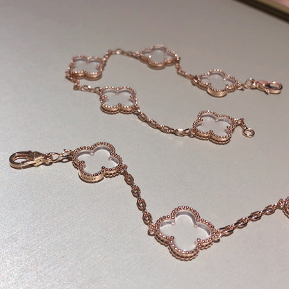 [Olivia JW]CLOVER 5 MOTIF ROCK CRYSTAL PINK GOLD BRACELET