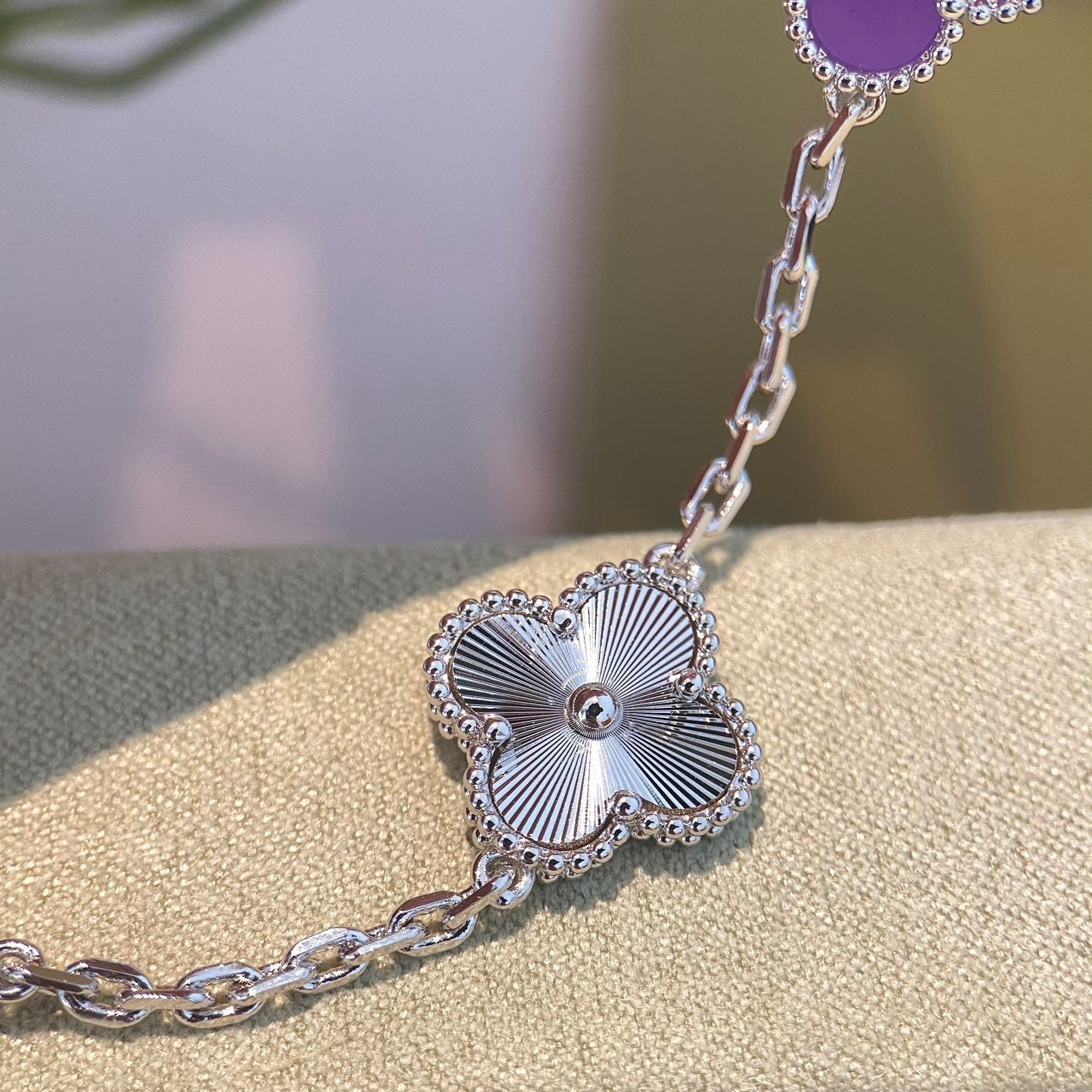 [Olivia JW]CLOVER  5 MOTIFS  PURPLE VIOLET BRACELET SILVER