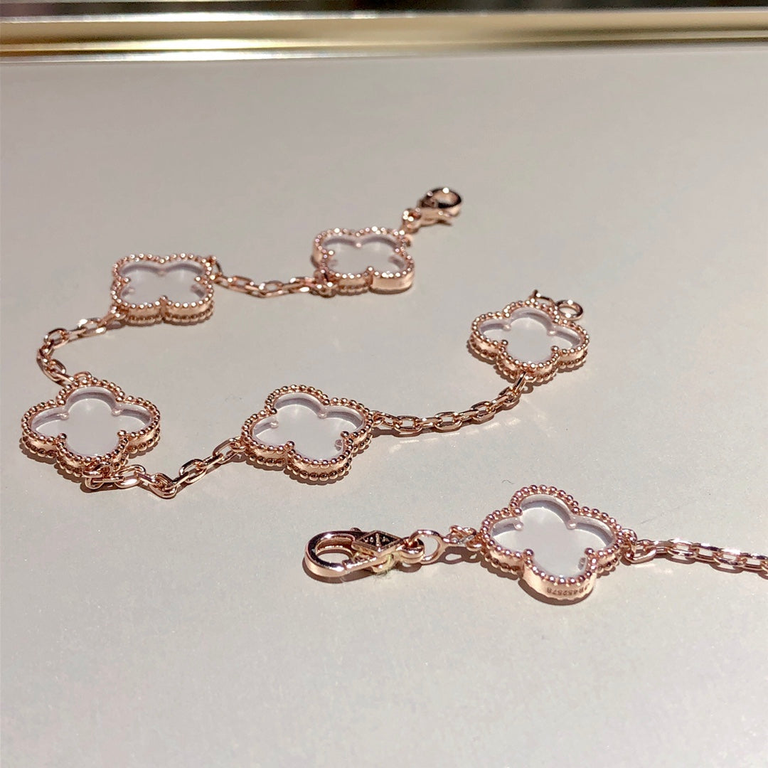 [Olivia JW]CLOVER 5 MOTIF ROCK CRYSTAL PINK GOLD BRACELET