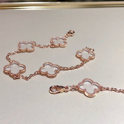 [Olivia JW]CLOVER 5 MOTIF ROCK CRYSTAL PINK GOLD BRACELET