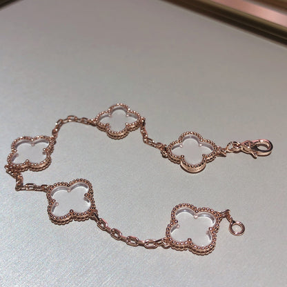 [Olivia JW]CLOVER 5 MOTIF ROCK CRYSTAL PINK GOLD BRACELET