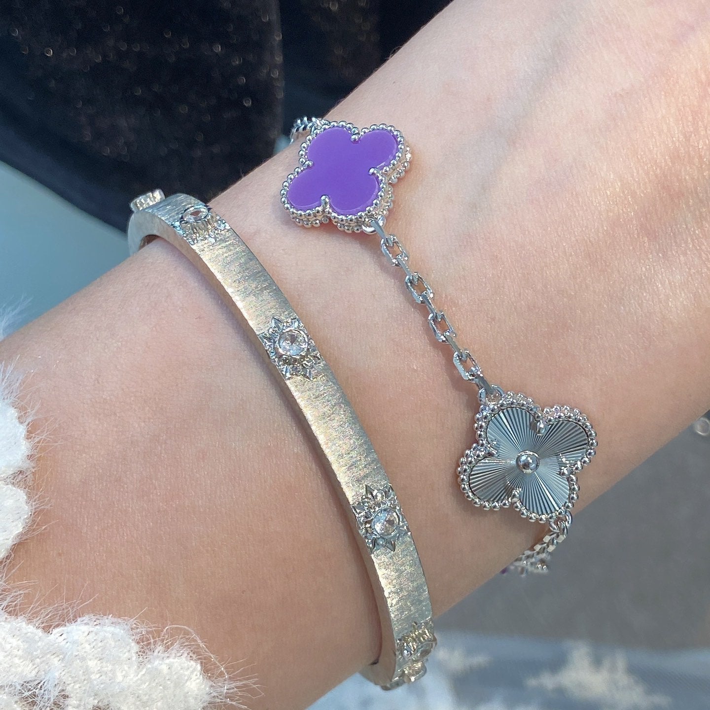 [Olivia JW]CLOVER  5 MOTIFS  PURPLE VIOLET BRACELET SILVER