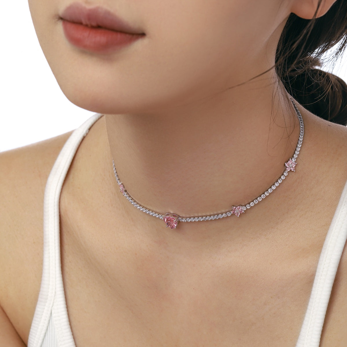 [Olivia Jewelry]Dazzling Pink Heart Flower Necklace