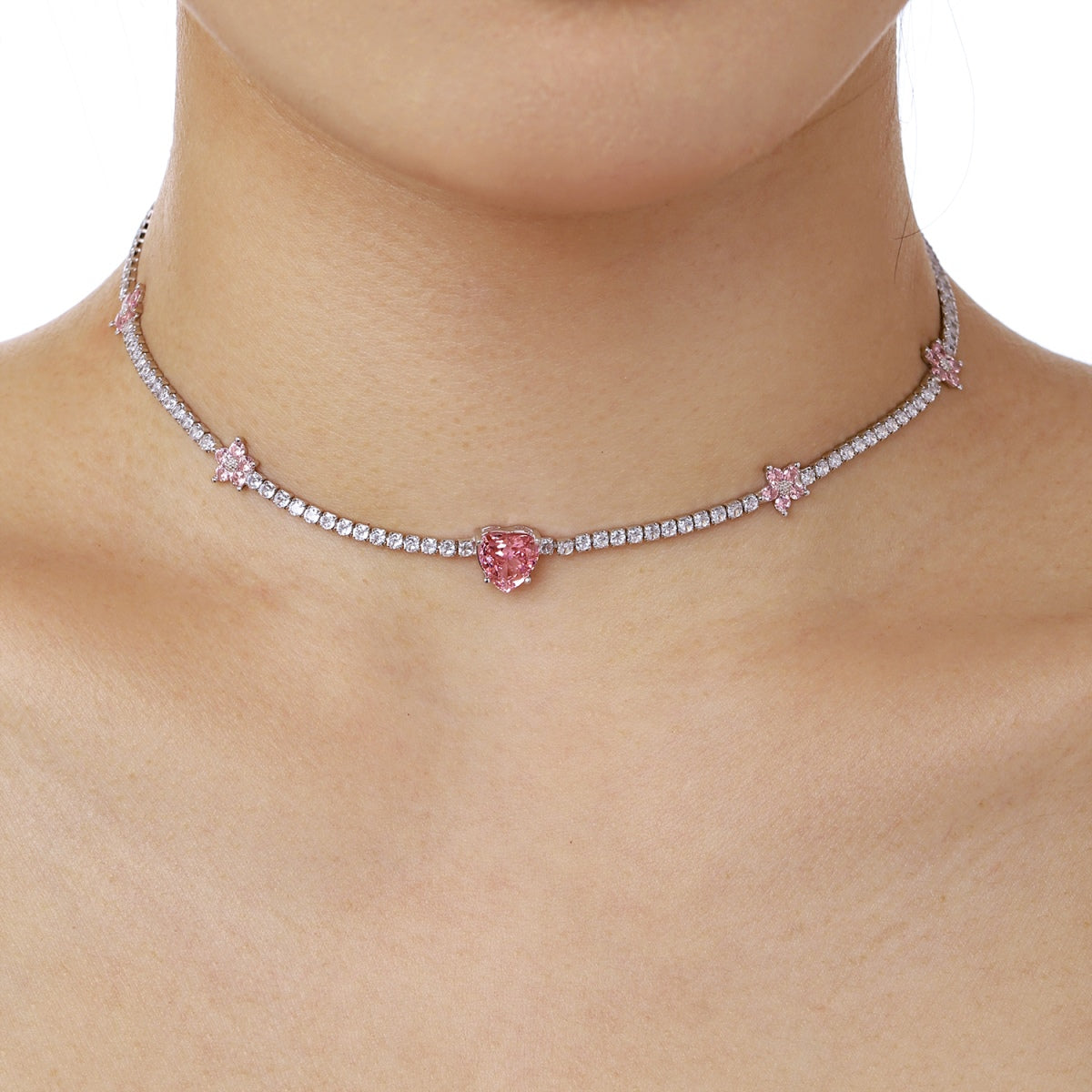 [Olivia Jewelry]Dazzling Pink Heart Flower Necklace
