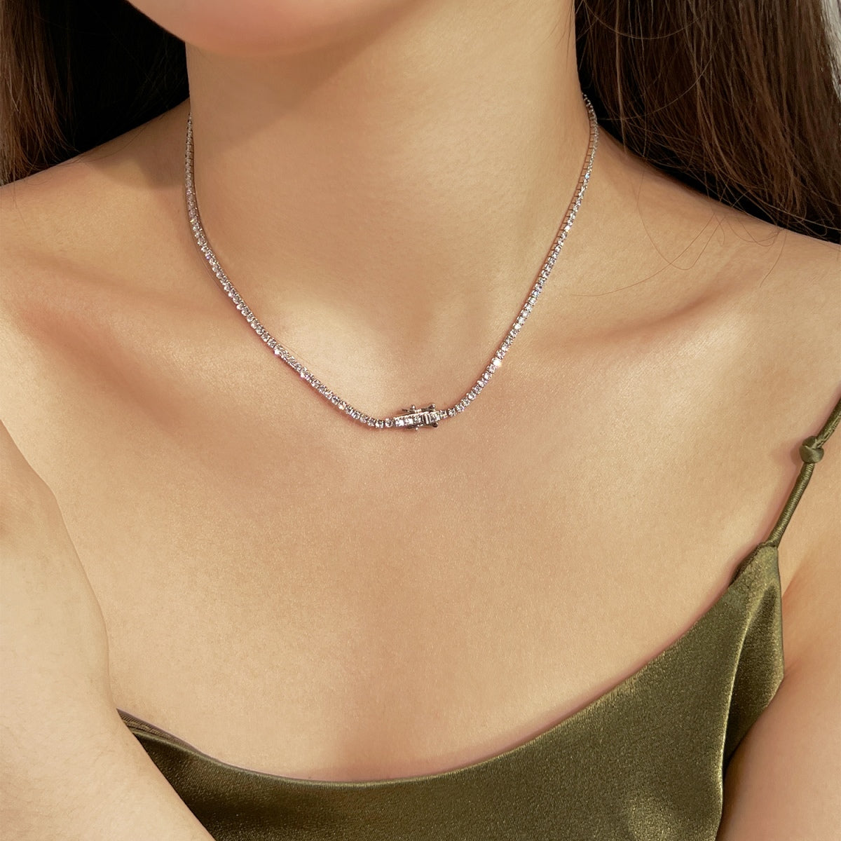 [Olivia Jewelry]Delicate Round Shape Tennis Necklace