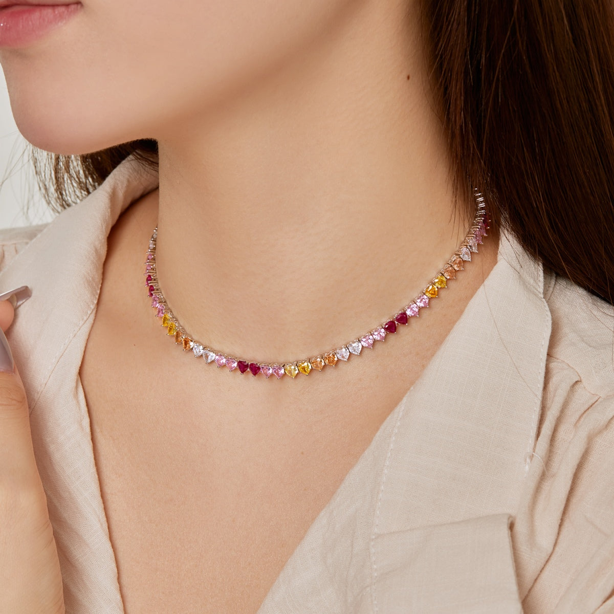 [Olivia Jewelry]Sparkling Colorful Full Heart Tennis Necklace