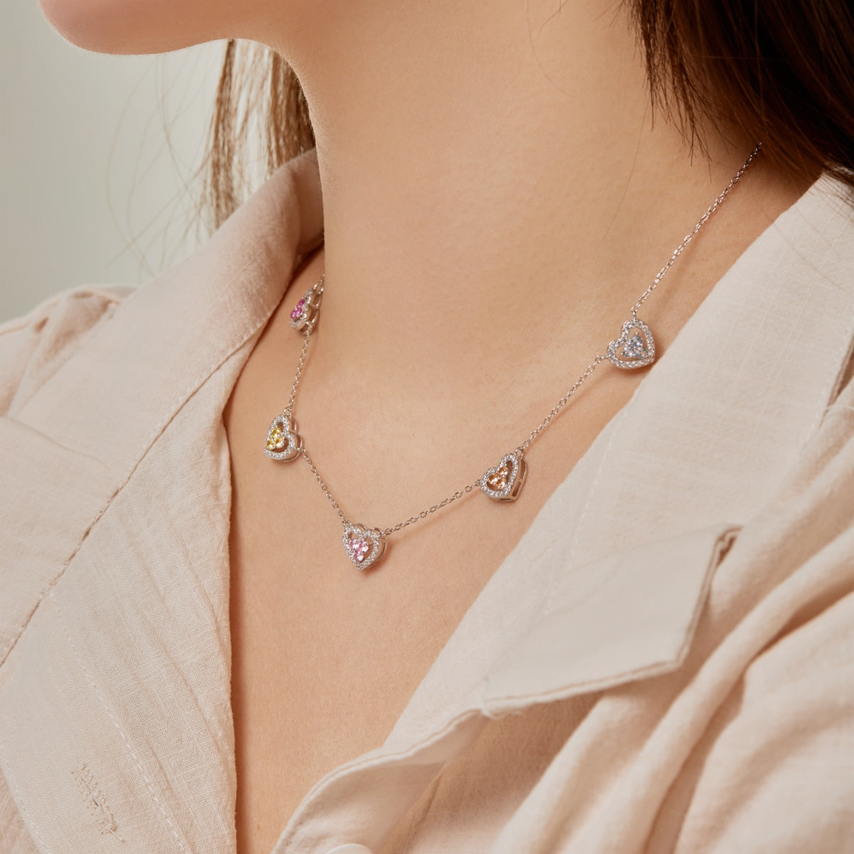 [Olivia Jewelry]Sparkling Five Heart Necklace