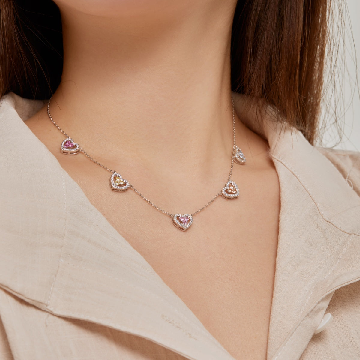 [Olivia Jewelry]Sparkling Five Heart Necklace