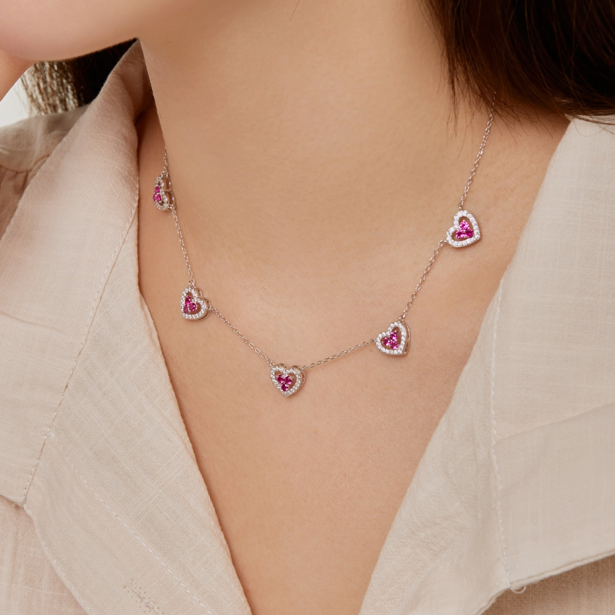 [Olivia Jewelry]Sparkling Five Heart Necklace