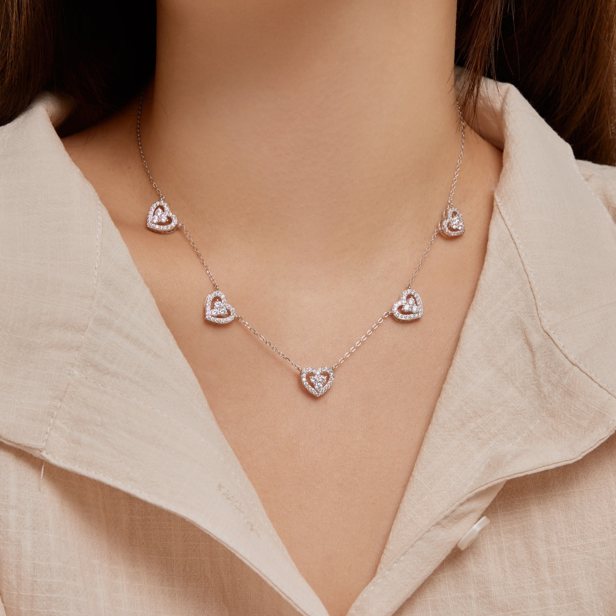 [Olivia Jewelry]Sparkling Five Heart Necklace
