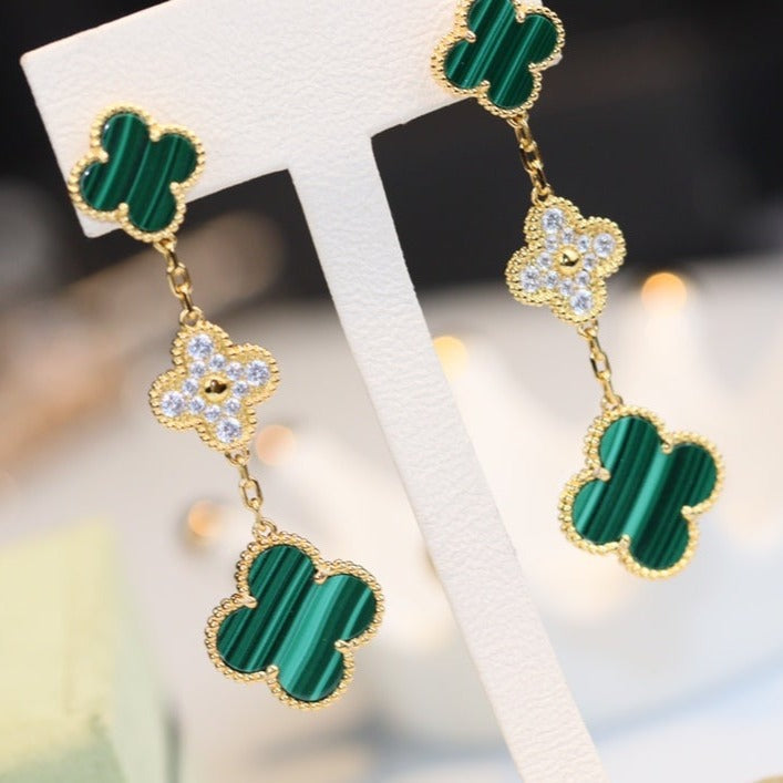 [Olivia Jewelry]CLOVER EARRINGS GOLD MALACHITE DIAMOND 3 MOTIF