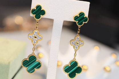 [Olivia Jewelry]CLOVER EARRINGS GOLD MALACHITE DIAMOND 3 MOTIF