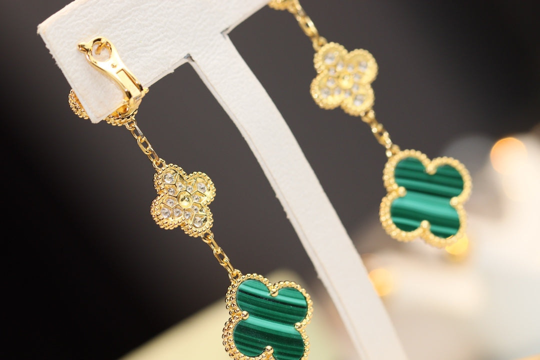 [Olivia Jewelry]CLOVER EARRINGS GOLD MALACHITE DIAMOND 3 MOTIF