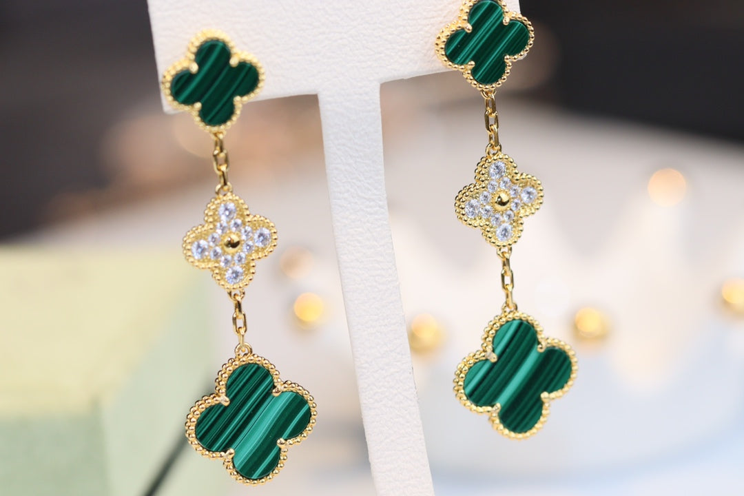 [Olivia Jewelry]CLOVER EARRINGS GOLD MALACHITE DIAMOND 3 MOTIF