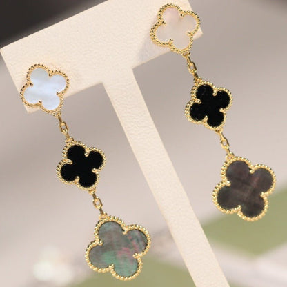 [Olivia Jewelry]CLOVER EARRINGS GOLD ONYX MOP 3 MOTIF