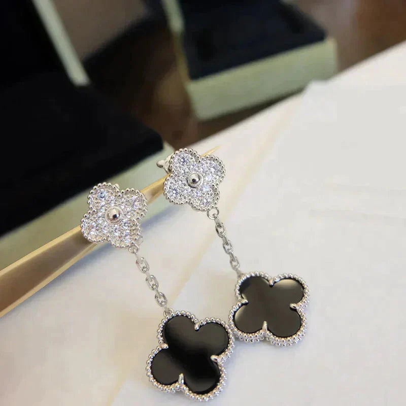 [Olivia Jewelry]CLOVER 2 MOTIFS  DIAMOND ONYX EARRINGS SILVER