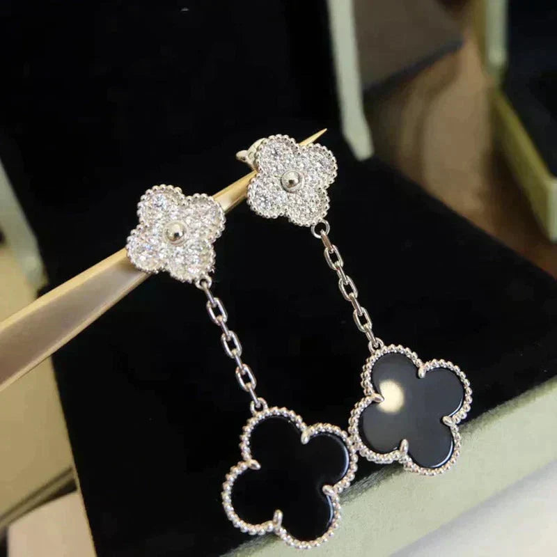 [Olivia Jewelry]CLOVER 2 MOTIFS  DIAMOND ONYX EARRINGS SILVER