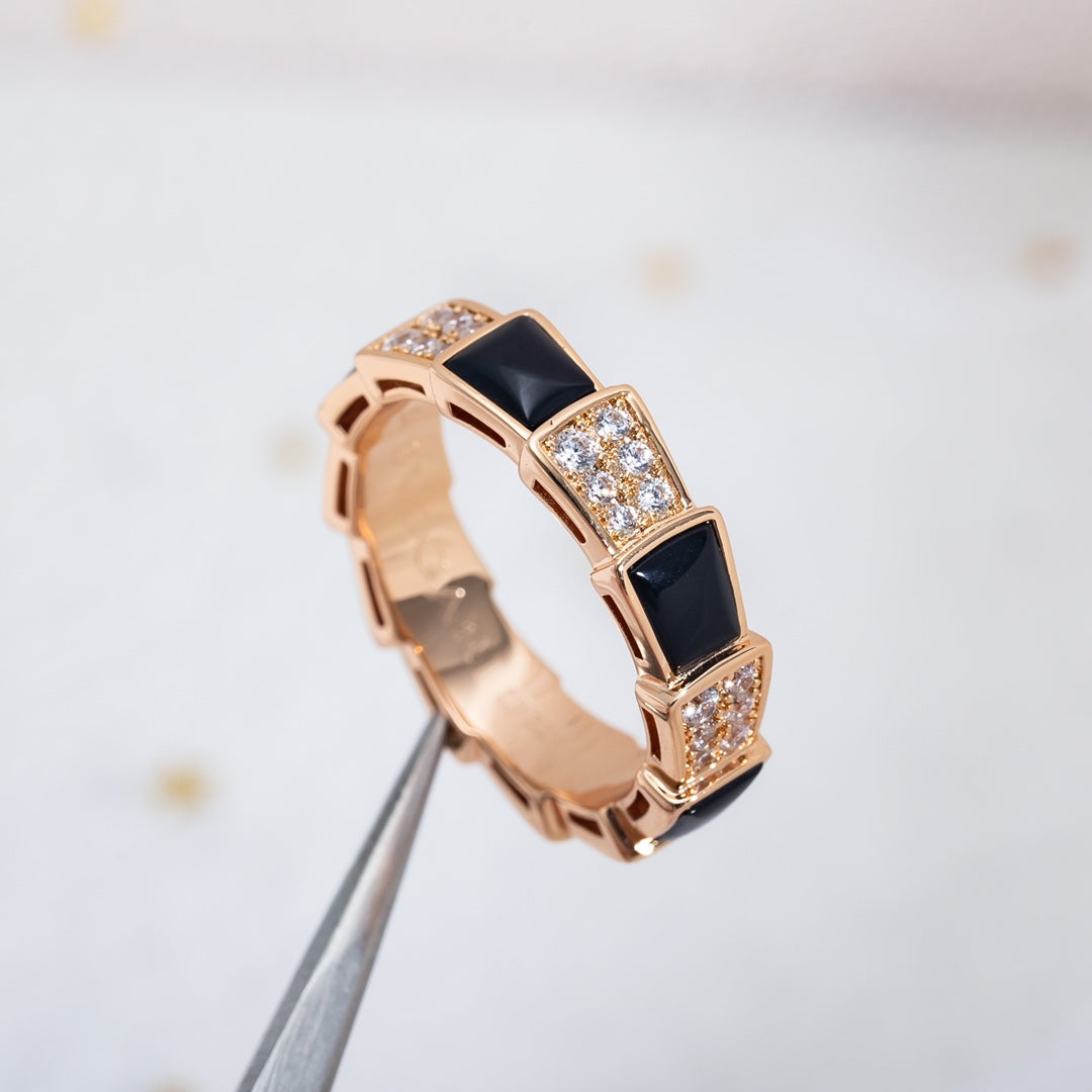 [OLIVIA]SERPENTI RING PINK GOLD BLACK MOP DIAMOND PAVED 4MM