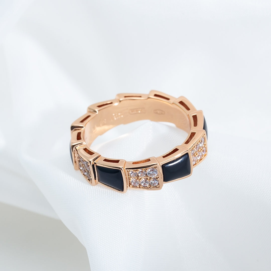 [OLIVIA]SERPENTI RING PINK GOLD BLACK MOP DIAMOND PAVED 4MM