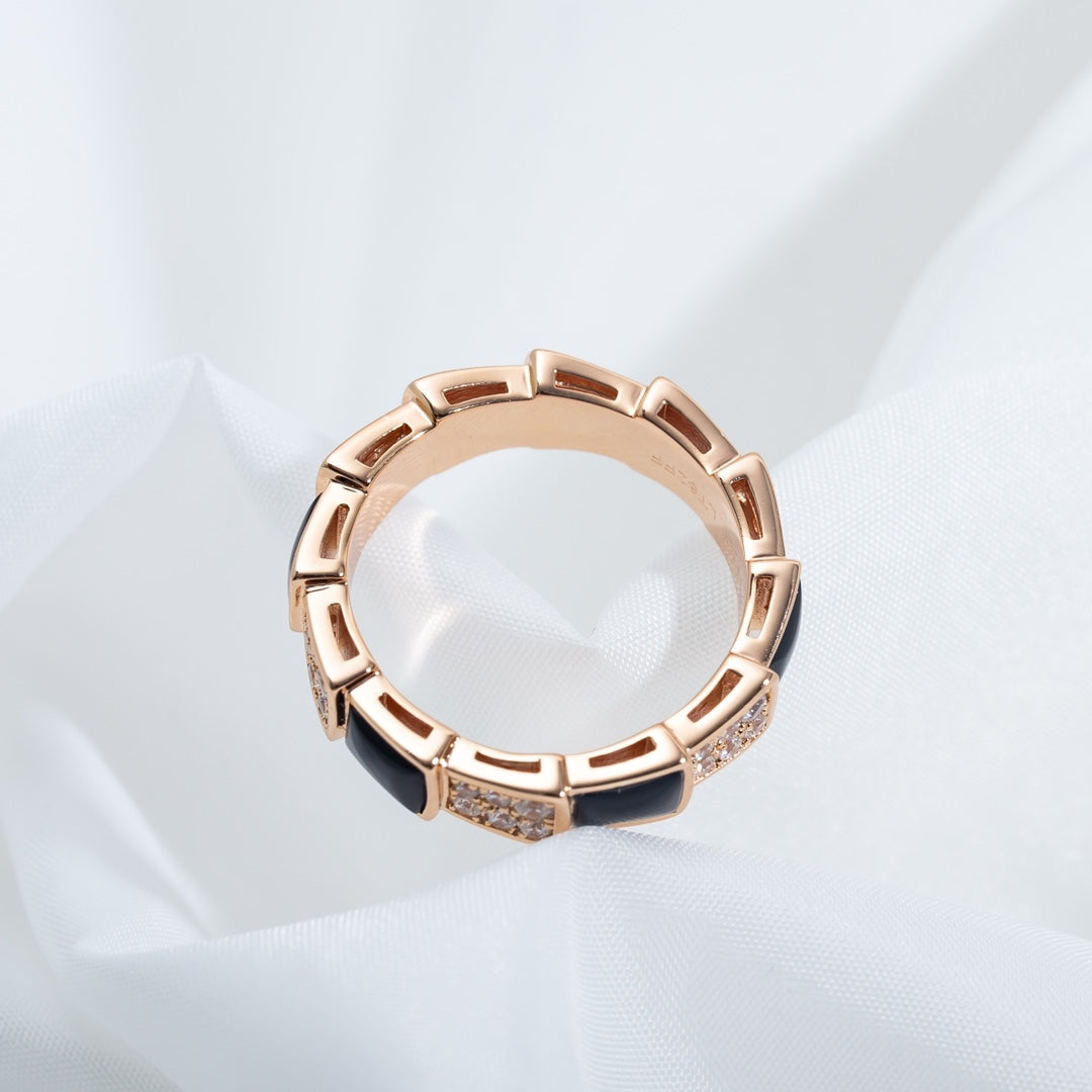 [OLIVIA]SERPENTI RING PINK GOLD BLACK MOP DIAMOND PAVED 4MM