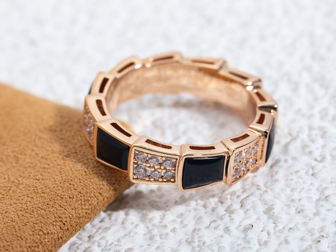 [OLIVIA]SERPENTI RING PINK GOLD BLACK MOP DIAMOND PAVED 4MM