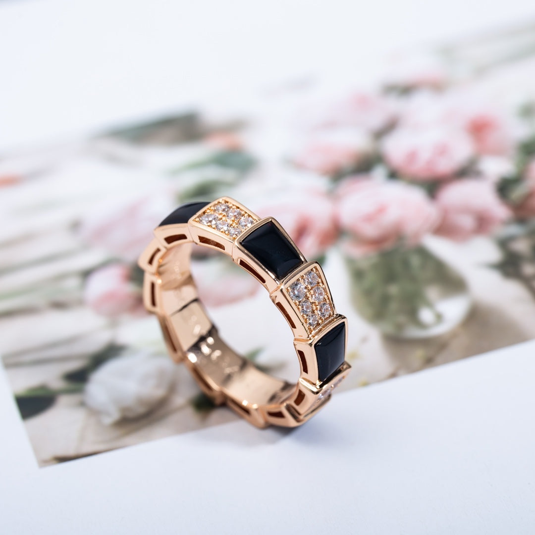 [OLIVIA]SERPENTI RING PINK GOLD BLACK MOP DIAMOND PAVED 4MM