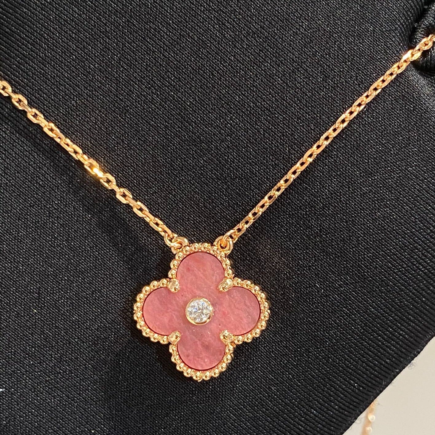 [Olivia Jewelry]CLOVER 15MM DIAMOND RHODONITE NECKLACE