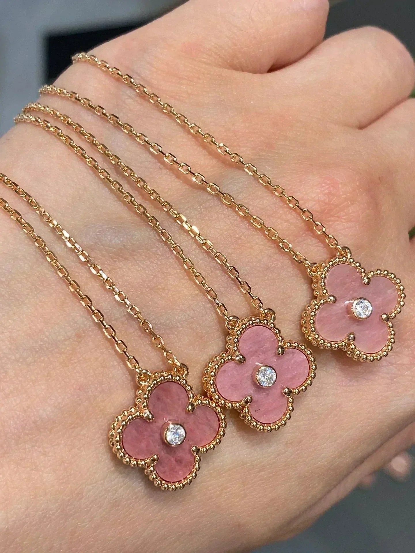 [Olivia Jewelry]CLOVER 15MM DIAMOND RHODONITE NECKLACE