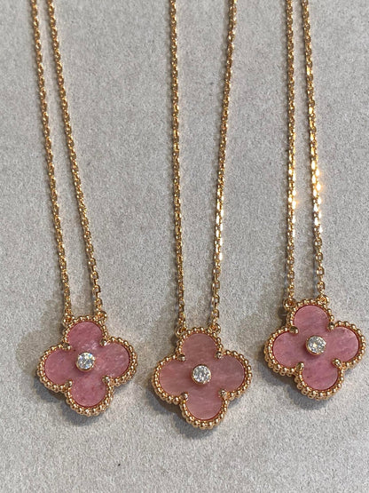 [Olivia Jewelry]CLOVER 15MM DIAMOND RHODONITE NECKLACE