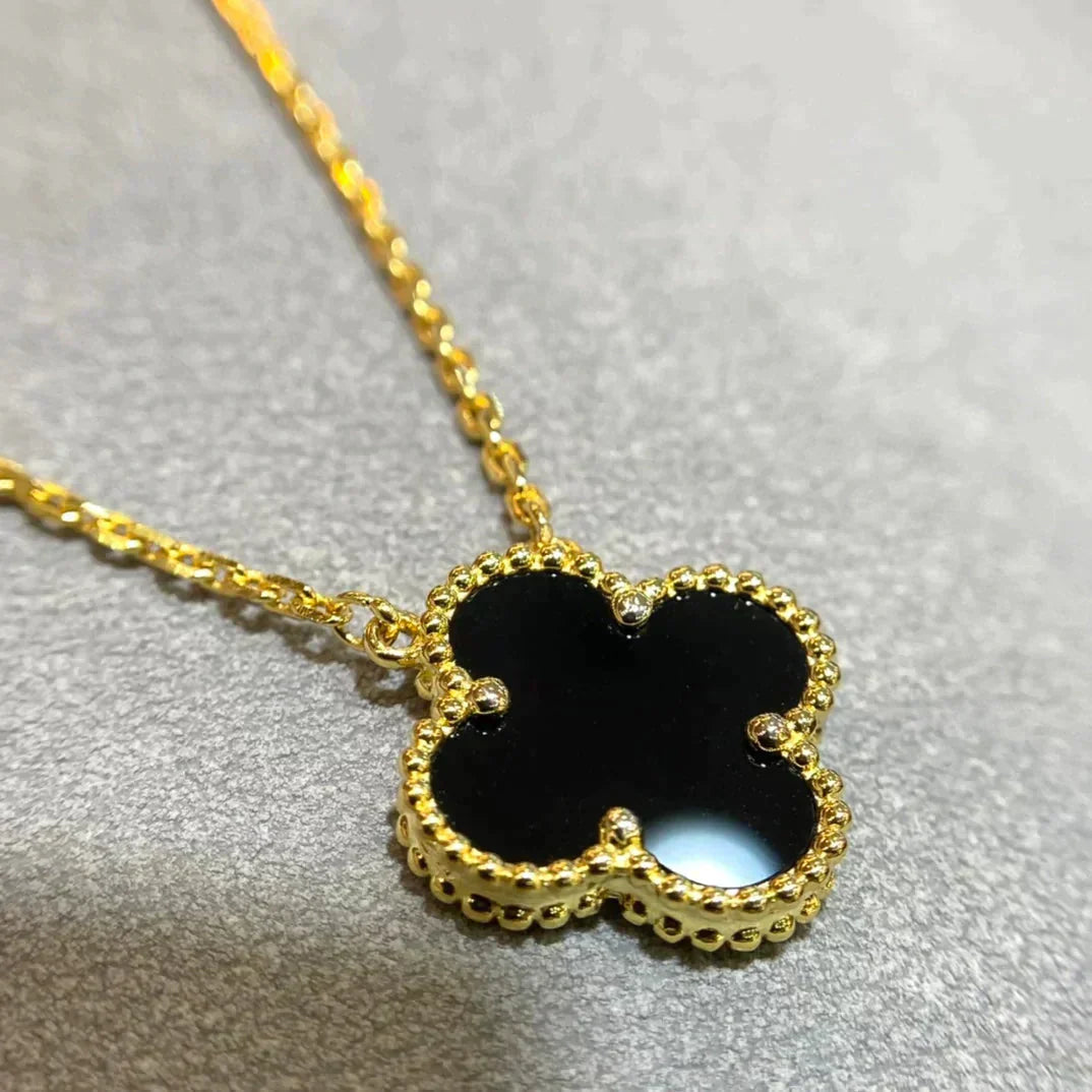 [Olivia Jewelry]CLOVER 15MM BLACK ONYX SINGLE FLOWER NECKLACE