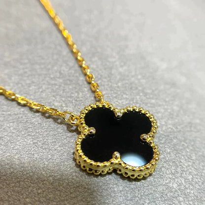 [Olivia Jewelry]CLOVER 15MM BLACK ONYX SINGLE FLOWER NECKLACE