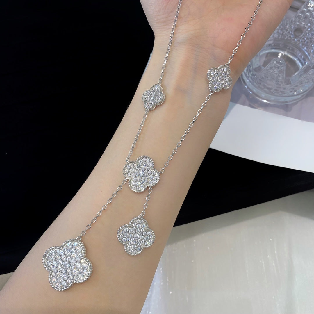 [Olivia Jewelry]CLOVER 5 MOTIFS SILVER DIAMONDS NECKLACE