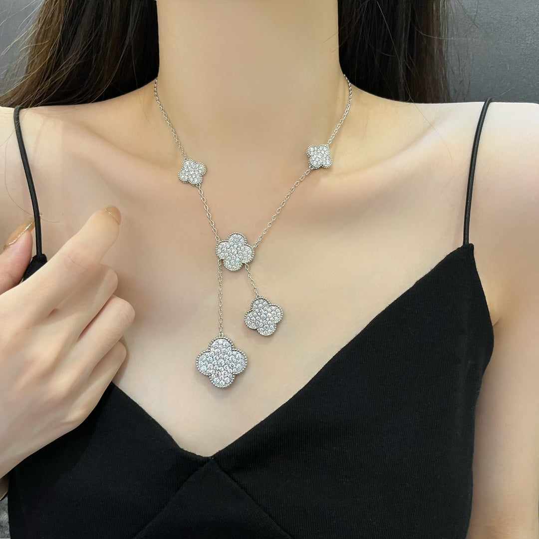 [Olivia Jewelry]CLOVER 5 MOTIFS SILVER DIAMONDS NECKLACE