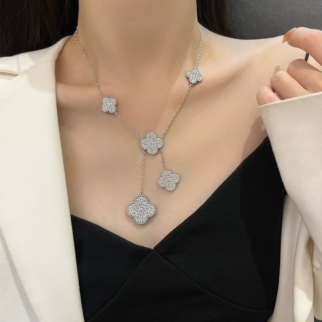 [Olivia Jewelry]CLOVER 5 MOTIFS SILVER DIAMONDS NECKLACE