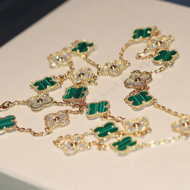 [Olivia Jewelry]CLOVER 20 MOTIFS MALACHITE DIAMOND NECKLACE