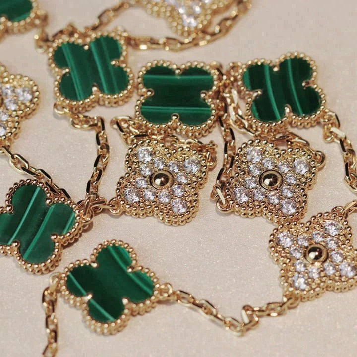 [Olivia Jewelry]CLOVER 20 MOTIFS MALACHITE DIAMOND NECKLACE