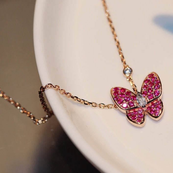 [Olivia Jewelry]BUTTERFLY RED DIAMOND ROSE GOLD NECKLACE