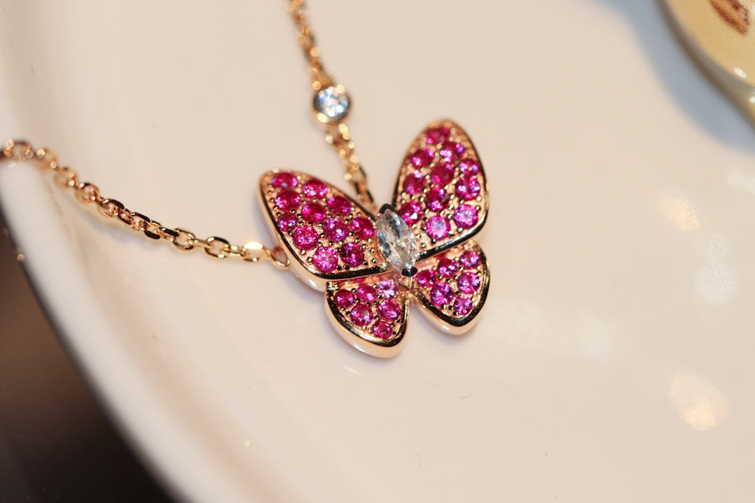 [Olivia Jewelry]BUTTERFLY RED DIAMOND ROSE GOLD NECKLACE
