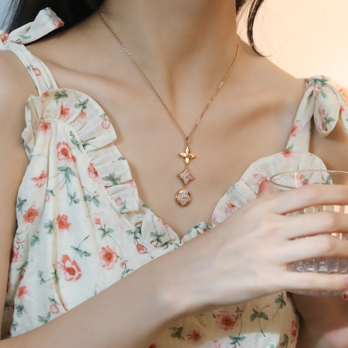 [Olivia Jewelry]STAR AND SUN DIAMOND PINK GOLD NECKLACE