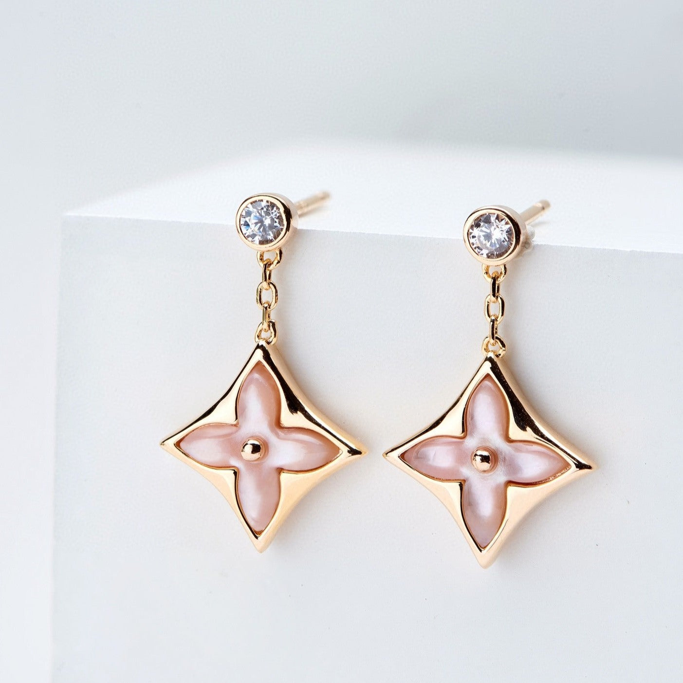 [Olivia Jewelry]DOUBLE STAR PINK GOLD MOP DROP EARRINGS