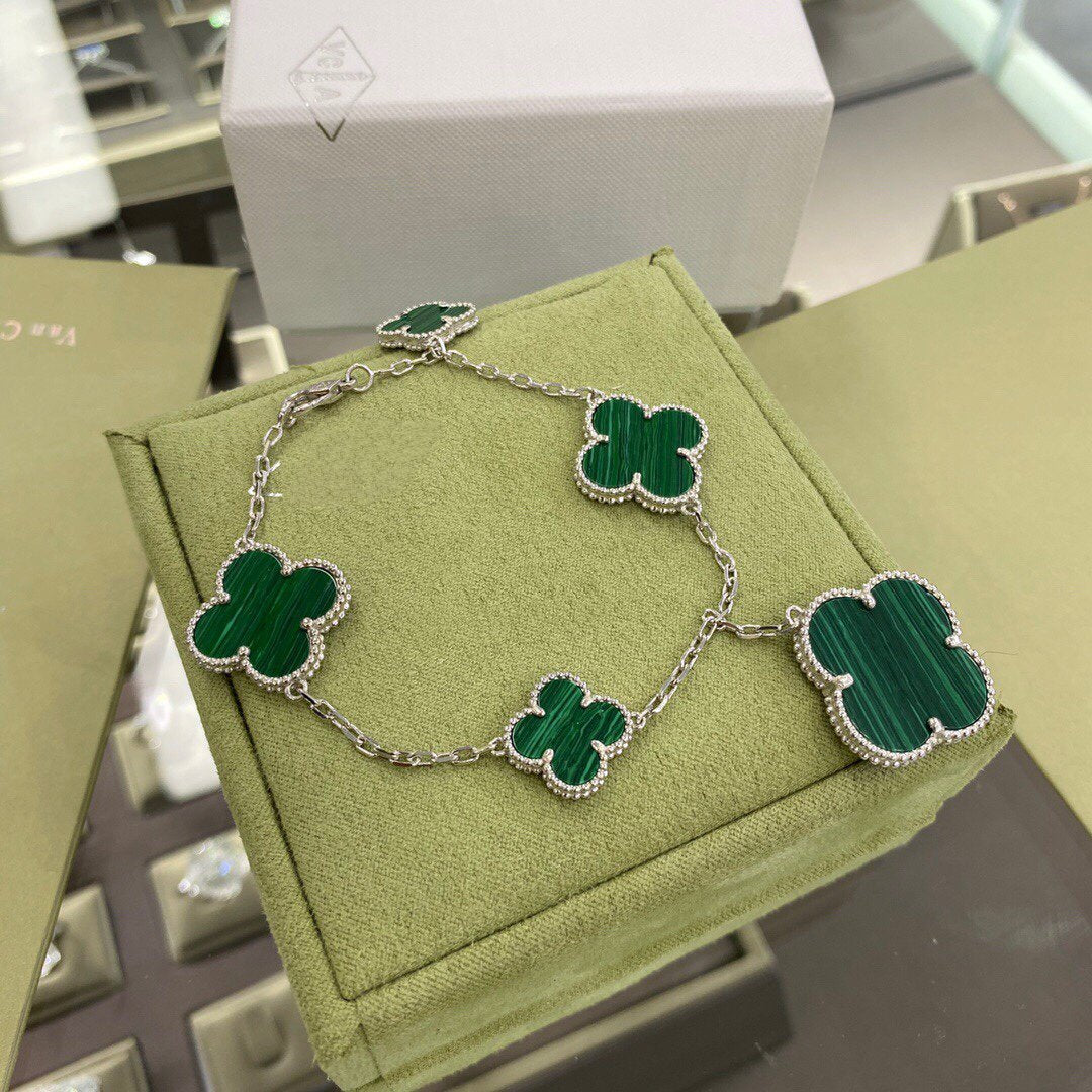 [Olivia Jewelry]CLOVER 5 MOTIFS SIVLER MALACHITE BRACELET