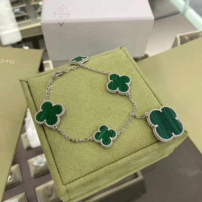[Olivia Jewelry]CLOVER 5 MOTIFS SIVLER MALACHITE BRACELET