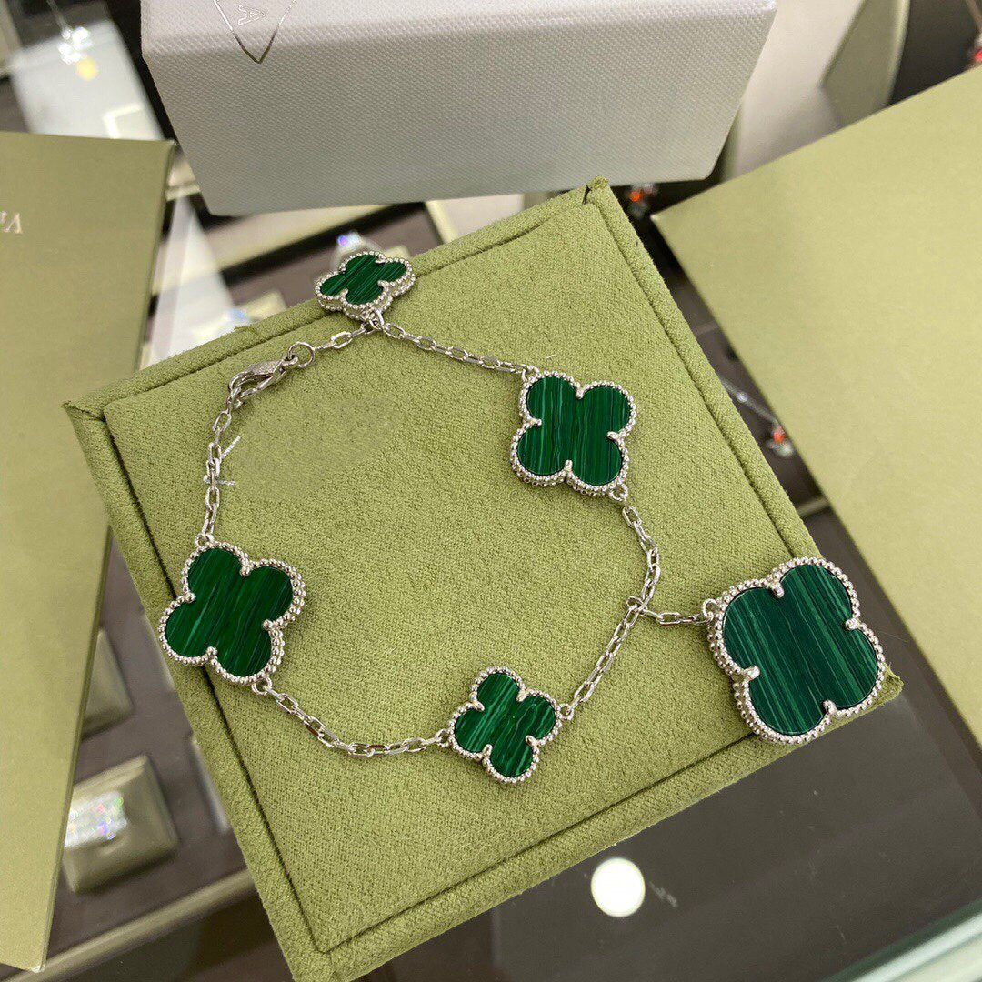 [Olivia Jewelry]CLOVER 5 MOTIFS SIVLER MALACHITE BRACELET