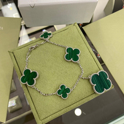 [Olivia Jewelry]CLOVER 5 MOTIFS SIVLER MALACHITE BRACELET
