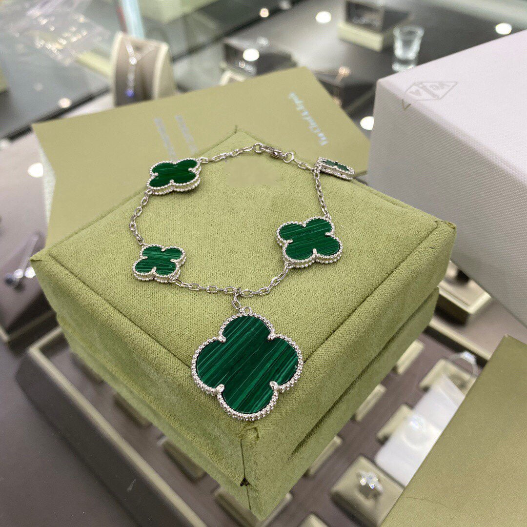 [Olivia Jewelry]CLOVER 5 MOTIFS SIVLER MALACHITE BRACELET