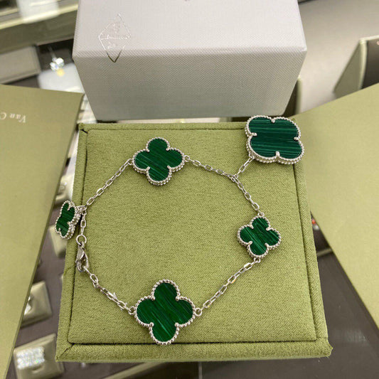 [Olivia Jewelry]CLOVER 5 MOTIFS SIVLER MALACHITE BRACELET
