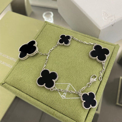 [Olivia Jewelry]CLOVER 5 MOTIFS SIVLER ONYX BRACELET